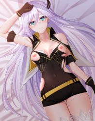 Rule 34 | 1girl, aircell, arm strap, arm up, armpits, bad id, bad pixiv id, bare shoulders, belt, black gloves, black vest, blush, breasts, cecilia schariac, cleavage, closed mouth, collarbone, collared vest, covered navel, dress, dutch angle, earrings, from above, gloves, green eyes, hair between eyes, hair ornament, hand on own head, honkai (series), honkai impact 3rd, jewelry, light purple hair, long hair, looking at viewer, medium breasts, nipple slip, nipples, nose blush, open clothes, open vest, pink lips, short dress, skindentation, sleeveless, sleeveless dress, smile, solo, straight hair, thigh gap, thighhighs, thighs, torn clothes, torn dress, very long hair, vest, white thighhighs
