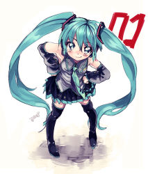 1girl amezawa_koma aqua_eyes aqua_hair boots detached_sleeves female_focus hands_on_own_hips hatsune_miku headset long_hair looking_at_viewer necktie skirt smile solo thigh_boots thighhighs twintails very_long_hair vocaloid