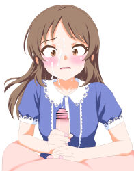 1boy 1girl ahegao ali_sun_mark bar_censor bare_shoulders blue_dress blush breasts brown_eyes brown_hair censored clothed_female_nude_male collarbone cum dress facial handjob hetero highres idolmaster idolmaster_cinderella_girls idolmaster_cinderella_girls_starlight_stage idolmaster_cinderella_girls_u149 loli long_hair nude open_mouth penis pov simple_background small_breasts solo_focus tachibana_arisu white_background