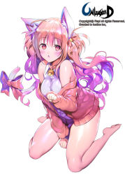 Rule 34 | 1girl, ahoge, animal ears, bare legs, bare shoulders, barefoot, bell, blush, bow, cardigan, cat ears, cat tail, character request, collar, curly hair, full body, hair bell, hair ornament, hair ribbon, jacket, long hair, neck bell, off shoulder, official art, open cardigan, open clothes, paw pose, pink eyes, pink hair, repi, ribbon, shiny skin, shirt, simple background, sitting, sleeveless, sleeveless shirt, sleeves past wrists, solo, tail, tail bow, tail ornament, twintails, unleashed, very long hair, wariza, watermark, white background