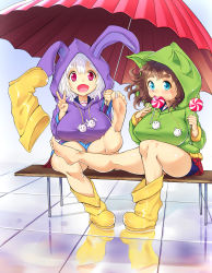 Rule 34 | 2girls, animal ears, animal hood, aqua eyes, barefoot, bench, bike shorts, blue eyes, boots, breasts, brown hair, candy, cat ears, cat hood, eating, eyebrows, fang, feet, food, happy, highres, hip focus, hood, hoodie, huge breasts, impossible clothes, kairunoburogu, kicking, legs, lollipop, long hair, looking at viewer, multiple girls, open mouth, oppai loli, original, pink eyes, plump, rabbit ears, rabbit hood, rubber boots, red eyes, reflection, reflective floor, school uniform, serafuku, shoes, short hair, shorts, shorts under skirt, single shoe, sitting, skirt, smile, soles, swirl lollipop, taut clothes, thick thighs, thighs, tile floor, tiles, toes, umbrella, v, wavy hair, white hair, wide hips