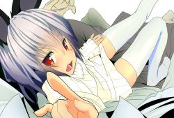 Rule 34 | 1boy, 1girl, alternate costume, animal ears, blush, grey hair, highres, ishikkoro, long sleeves, looking at viewer, looking back, lying, mouse ears, nazrin (touhou), on back, open mouth, petite, red eyes, short hair, simple background, sitting, sitting on lap, sitting on person, solo focus, sweatdrop, sweater, sweater vest, team shanghai alice, thighhighs, touhou, white background, white thighhighs, zettai ryouiki
