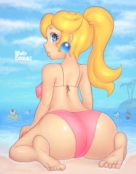 Rule 34 | 1girl, 3boys, :d, artist name, ass, back, bare arms, bare shoulders, barefoot, beach, big nose, bikini, blonde hair, blue eyes, blue overalls, blue sky, breasts, bumper (mario), closed mouth, covered erect nipples, earrings, eyelashes, f.l.u.d.d., facial hair, gloves, hat, high ponytail, highres, innertube, island, jewelry, lewddoodlez, lips, long hair, looking at viewer, mario, mario (series), medium breasts, multiple boys, mustache, nintendo, ocean, one eye closed, open mouth, overalls, partially submerged, pink bikini, polka dot, ponytail, princess peach, red headwear, red shirt, seiza, shirt, short sleeves, sitting, sky, smile, snorkel, spraying, super mario sunshine, swim ring, swimsuit, thick lips, toad (mario), tree, water, white gloves, wide hips