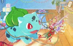 Rule 34 | :d, box, bright pupils, bulbasaur, claws, commentary request, creatures (company), fang, flower, from side, game freak, gen 1 pokemon, gift, gift box, nintendo, no humans, open mouth, plant, pokemon, pokemon (creature), red eyes, red ribbon, ribbon, rug, shoes, unworn shoes, smile, solo, standing, vines, white pupils, wooden floor, yuki aoi (konno)
