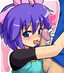 Rule 34 | 1boy, 1girl, blue eyes, bow, creatures (company), erection, fellatio, game freak, gloves, hair bow, heart, hetero, kelly (pokemon), konpeto, licking, looking at viewer, lowres, nintendo, oekaki, open mouth, oral, penis, pokemon, pokemon (anime), pokemon rse (anime), short hair, solo focus, sweat, tongue, tongue out, uncensored