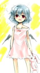 Rule 34 | 1girl, arms at sides, doll, fang, female focus, holding, holding stuffed toy, lingerie, nightgown, remilia scarlet, solo, standing, stuffed animal, stuffed rabbit, stuffed toy, touhou, underwear, white background, wings
