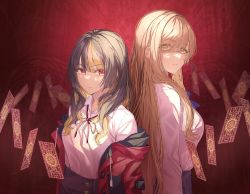 Rule 34 | 2girls, blonde hair, blue neckwear, brown hair, character request, closed mouth, commentary request, eyes visible through hair, fatal twelve, frown, glaring, grey skirt, highres, jacket, looking at viewer, mishima miharu, multicolored hair, multiple girls, neck ribbon, off shoulder, red background, red eyes, red jacket, red neckwear, ribbon, school uniform, shio kouji (shiokojii), shirt, shirt tucked in, shishimai rinka, skirt, streaked hair, upper body, white shirt, yellow eyes