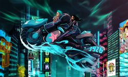 Rule 34 | 1girl, 2boys, aircraft, alternate costume, antlers, aurora, behind another, biker clothes, bikesuit, black hair, bodysuit, brook (one piece), building, city, closed mouth, cyberpunk, cyborg, driving, floating, floating hair, franky (one piece), from side, green hair, grin, hat, highres, horns, k164, long hair, looking afar, monkey d. luffy, motor vehicle, motorcycle, multiple boys, neon lights, nico robin, night, night sky, one piece, orange-tinted eyewear, orange-tinted glasses, outdoors, prosthesis, prosthetic arm, short hair, sideburns, sitting, sky, skyscraper, smile, sunglasses, tinted eyewear, tony tony chopper