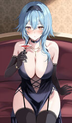 Rule 34 | 1girl, alternate costume, black dress, black garter straps, black gloves, black hairband, black thighhighs, blue eyes, blue hair, bracelet, breasts, cleavage, cup, dress, drinking glass, elbow gloves, eula (genshin impact), evening gown, garter straps, genshin impact, gloves, hairband, harimoji, highres, holding, holding cup, jewelry, large breasts, looking at viewer, medium hair, navel, necklace, sitting, solo, sweat, thighhighs, thighs, yellow eyes