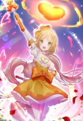 Rule 34 | #compass, 1girl, absurdres, arm up, blonde hair, dress, elbow gloves, eyelashes, gloves, green eyes, highres, holding, holding wand, long hair, looking at viewer, magical girl, open mouth, orange dress, petals, rose petals, ruruka (#compass), solo, sparkle, tendoshi, very long hair, wand, white gloves