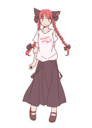 Rule 34 | 1girl, alternate costume, animal ears, arm behind back, braid, casual, cat ears, full body, kaenbyou rin, long skirt, rangycrow, red hair, shirt, shoes, simple background, skirt, smile, solo, t-shirt, touhou, twin braids, white background, | |