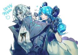 Rule 34 | 1boy, 1girl, black bow, black jacket, black sclera, blue eyes, bow, character request, collarbone, colored sclera, dress, drill hair, gwen (league of legends), hair behind ear, hair bow, heart, highres, holding, holding hair, jacket, korean commentary, korean text, league of legends, pale skin, parted lips, pectorals, small dduck, smile, twin drills, white dress, white hair