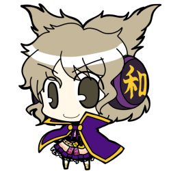Rule 34 | &gt;:), 1girl, belt, cape, chibi, closed mouth, earmuffs, eyebrows, full body, short hair, skirt, smile, socha, solo, standing, touhou, toyosatomimi no miko, transparent background, v-shaped eyebrows, white background