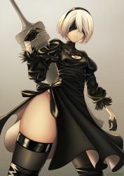 Rule 34 | 1girl, absurdres, black blindfold, black gloves, black hairband, black thighhighs, blindfold, breasts, cleavage, cleavage cutout, closed mouth, clothing cutout, gloves, greatsword, hairband, highres, medium hair, mole, mole under mouth, nier (series), nier:automata, outause, puffy sleeves, solo, sword, thick thighs, thighhighs, thighs, turtleneck, weapon, weapon on back, white hair, 2b (nier:automata)