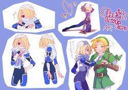 Rule 34 | 1boy, 1girl, absurdres, ass, bandages, belt, blonde hair, hat, highres, link, looking at viewer, mask, nintendo, pointy ears, red eyes, reverse trap, sheik, short hair, supure647, the legend of zelda, the legend of zelda: ocarina of time, turban, weapon