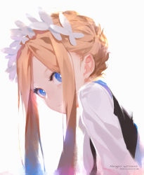 Rule 34 | 1girl, abigail williams (fate), alternate hairstyle, blonde hair, blue eyes, braid, character name, closed mouth, eyelashes, fate/grand order, fate (series), from side, hair ornament, hair up, highres, long hair, long sleeves, looking at viewer, official alternate costume, sidelocks, simple background, sola7764, solo, updo, upper body, white background