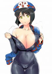 Rule 34 | 1girl, black hair, bodysuit, breasts, cameltoe, chloe valens, cholesenel, cleavage, gluteal fold, hat, highres, large breasts, off shoulder, shiny clothes, short hair, skin tight, solo, sweat, tales of (series), tales of legendia, undressing, unzipped, yellow eyes