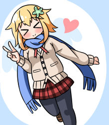 Rule 34 | &gt; &lt;, 1girl, black pantyhose, blonde hair, blue background, blue scarf, blush, brown cardigan, brown footwear, cardigan, closed eyes, closed mouth, facing viewer, flower, fringe trim, gabriel dropout, green flower, hair between eyes, hair flaps, hair flower, hair ornament, hana kazari, hand up, heart, highres, loafers, long hair, pantyhose, plaid, plaid skirt, pleated skirt, red skirt, scarf, school uniform, shoes, skirt, smile, solo, standing, standing on one leg, tapris chisaki sugarbell, two-tone background, v, white background