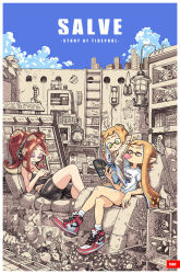 Rule 34 | 3girls, black shorts, blue sky, building, chair, chewing gum, city, closed eyes, closed mouth, cloud, green eyes, hand on own chest, headphones, highres, holding, holding magazine, indoors, inkling, inkling girl, inkling player character, ladder, lantern, leaf, long hair, magazine (object), multiple girls, nintendo, no roof, octoling, octoling player character, orange eyes, orange hair, peeking out, reading, red footwear, red hair, shell, shirt, shoes, short hair, shorts, sitting, sky, skyscraper, sleeping, smile, splatoon (series), splatoon 2, splatoon 2: octo expansion, tentacle hair, title, white shirt, yuta agc
