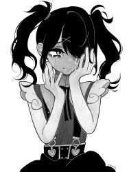 Rule 34 | 1girl, absurdres, ame-chan (needy girl overdose), artist name, bags under eyes, collared shirt, commentary request, crying, crying with eyes open, greyscale, hair ornament, hair over one eye, hair tie, hands on own face, hands up, highres, long hair, looking to the side, monochrome, neck ribbon, needy girl overdose, open mouth, ribbon, sad smile, shirt, shirt tucked in, simple background, skirt, smile, solo, suspender skirt, suspenders, takara toji, tears, twintails, white background, x hair ornament