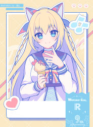 Rule 34 | 1girl, anchor symbol, animal ears, anniversary, black sailor collar, blonde hair, blue eyes, braid, breasts, brown background, choker, closed mouth, dress, dyson (warship girls r), eighth note, food, hair between eyes, hand up, hasu (velicia), highres, holding, holding food, ice cream, ice cream cone, long hair, long sleeves, looking at viewer, medium breasts, musical note, outline, puffy long sleeves, puffy sleeves, sailor collar, sailor dress, smile, solo, twin braids, upper body, very long hair, warship girls r, white choker, white dress, white outline