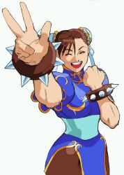 Rule 34 | 1girl, bengus, brown hair, capcom, chinese clothes, chun-li, closed mouth, highres, marvel super heroes vs. street fighter, open mouth, simple background, smile, street fighter, v, white background