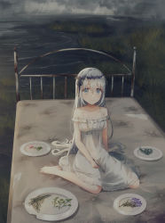Rule 34 | 1girl, bare shoulders, barefoot, bed, blue eyes, blush, breasts, closed mouth, cloud, cloudy sky, collarbone, commentary request, dress, flower, fork, grass, hair between eyes, highres, holding, holding fork, mattress, medium breasts, original, outdoors, pink flower, plate, purple flower, sakanaoishiiumauma, silver hair, sitting, sky, sleeveless, sleeveless dress, smile, solo, water, white dress, white flower