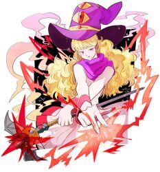 Rule 34 | 1girl, blonde hair, casting spell, dragon quest, dragon quest ii, hat, holding, holding staff, holding weapon, light particles, magic, mari-mason, princess of moonbrook, purple hat, red eyes, robe, smoke, solo, staff, weapon, white robe, witch hat
