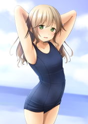 Rule 34 | 1girl, armpits, arms behind head, arms up, bare arms, bare shoulders, blue sky, blue one-piece swimsuit, blurry, blurry background, brown hair, cloud, cloudy sky, collarbone, commentary request, cowboy shot, day, depth of field, female focus, green eyes, highres, horizon, long hair, looking at viewer, ocean, old school swimsuit, one-piece swimsuit, original, outdoors, parted lips, school swimsuit, shibacha, sky, smile, solo, standing, swimsuit, water
