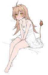 Rule 34 | 1girl, absurdres, ahoge, animal ears, barefoot, between legs, blush, breasts, dress, frilled dress, frills, hand between legs, highres, indie virtual youtuber, invisible chair, light brown hair, lion ears, lion girl, lion tail, long hair, looking at viewer, parted lips, putama, rurudo lion, rurudo lion (1st costume), simple background, sitting, small breasts, solo, sweat, tail, virtual youtuber, white background, white dress, yellow eyes