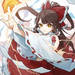 Rule 34 | 1girl, arm up, bow, brown hair, closed mouth, frilled bow, frilled hair tubes, frills, gohei, hair bow, hair tubes, hakurei reimu, highres, holding, holding gohei, long hair, looking at viewer, ofuda, red bow, red shirt, ribbon-trimmed sleeves, ribbon trim, shide, shirt, solo, touhou, uohara shinji, upper body, white sleeves, wide sleeves, yellow eyes