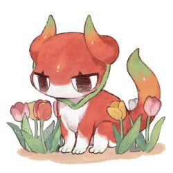 Rule 34 | animal focus, animalization, brown eyes, commentary, creature, dragon, english commentary, flower, full body, no humans, original, pink flower, pink tulip, red flower, red tulip, sakoku (oyatsu3ji ), simple background, sitting, solo, tulip, white background, yellow flower, yellow tulip