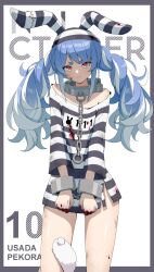 Rule 34 | 1girl, absurdres, animal ears, blood, blood on clothes, blood on face, blood on hands, blue hair, breasts, cuffs, daydarion, handcuffs, highres, hololive, long hair, looking at viewer, multicolored hair, official alternate costume, prison clothes, rabbit-shaped pupils, rabbit ears, rabbit girl, small breasts, solo, symbol-shaped pupils, two-tone hair, usada pekora, usada pekora (prisoner), virtual youtuber, white hair, yellow eyes