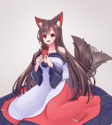 Rule 34 | 1girl, animal ear fluff, animal ears, bare shoulders, blush, breasts, brooch, candy, chocolate, chocolate bar, collarbone, dress, fang, food, hashi2387, highres, imaizumi kagerou, jewelry, large breasts, long dress, long hair, looking at viewer, open mouth, red eyes, skin fang, smile, tail, tail wagging, touhou, very long hair, wolf ears, wolf tail
