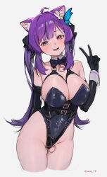 Rule 34 | 1girl, absurdres, ahoge, animal ears, arm behind back, bare shoulders, belt buckle, black gloves, black leotard, bow, bowtie, braid, breasts, buckle, butterfly hair ornament, cat ears, chest harness, cleavage, commission, cropped legs, crotch zipper, detached collar, elbow gloves, fangs, front zipper, full-length zipper, gloves, grey eyes, hair bow, hair ornament, hand up, harness, heart, heterochromia, highleg, highleg leotard, highres, large breasts, leotard, long hair, looking at viewer, multicolored hair, nontraditional playboy bunny, open mouth, original, purple eyes, purple hair, simple background, skeb commission, smile, solo, sooon, strapless, strapless leotard, streaked hair, thigh gap, thighs, twintails, v, very long hair, white background, wrist cuffs, zipper