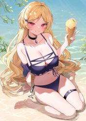 Rule 34 | 1girl, absurdres, arm support, barefoot, beach, bikini, black choker, blonde hair, blush, breasts, character request, choker, cleavage, curly hair, day, food, frilled bikini, frills, gem, glint, grin, hair ornament, hand up, highres, holding, holding food, holding ice cream, ice cream, ice cream cone, large breasts, long hair, looking at viewer, outdoors, parted bangs, parted lips, purple bikini, purple gemstone, red eyes, rei (rei 9146), side-tie bikini bottom, sitting, sitting on water, skindentation, smile, solo, sparkle, strap gap, swimsuit, thigh strap, thighs, virtual youtuber, wariza, water