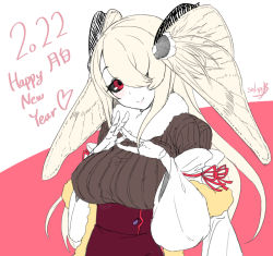 Rule 34 | 1girl, 2022, arthropod girl, black sclera, blonde hair, blush, breast suppress, brown sweater, closed mouth, colored sclera, fewer digits, hair over one eye, hands up, head tilt, high-waist skirt, indie virtual youtuber, insect girl, insect wings, long sleeves, looking at viewer, moth girl, moth wings, one eye covered, red eyes, red ribbon, red skirt, ribbed sweater, ribbon, shina tsukishiro, skirt, smile, solo, solopipb, sweater, virtual youtuber, wings