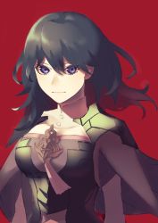 Rule 34 | 1girl, absurdres, bad id, bad pixiv id, black hair, blue eyes, breasts, byleth (female) (fire emblem), byleth (fire emblem), closed mouth, fire emblem, fire emblem: three houses, floating hair, hair between eyes, highres, long hair, looking at viewer, medium breasts, miton (vvse5752), nintendo, red background, simple background, sketch, smile, solo, upper body