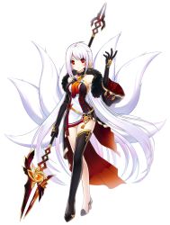 Rule 34 | 1girl, albino, ara haan, ara haan (celestial fox), ara han, asymmetrical clothes, bare shoulders, black gloves, black thighhighs, blush, earrings, elbow gloves, elsword, expressionless, feather boa, fox tail, full body, gloves, highres, jewelry, long hair, looking at viewer, miniskirt, multiple tails, official art, polearm, red eyes, sando (dukedevil), shoes, simple background, single thighhigh, skirt, solo, spear, standing, tail, thighhighs, very long hair, weapon, white hair, yama raja (elsword)