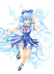 Rule 34 | 1girl, bad id, bad pixiv id, blue eyes, blue hair, cirno, dress, female focus, highres, mary janes, matching hair/eyes, aged up, open mouth, pico (picollector79), shoes, short hair, smile, snowflakes, socks, solo, embodiment of scarlet devil, touhou, wings