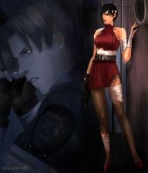 Rule 34 | ada wong, asia airport, bandages, belt, black gloves, black hair, blue eyes, brown hair, capcom, china dress, chinese clothes, dress, eyepatch, fingerless gloves, gloves, gun, leon s. kennedy, pantyhose, police, police uniform, resident evil, resident evil 2, short hair, torn clothes, uniform, weapon
