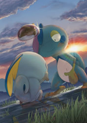Rule 34 | closed mouth, cloud, commentary request, creatures (company), dirty, drizzile, evolutionary line, game freak, gen 8 pokemon, grass, half-closed eyes, highres, looking at another, nintendo, no humans, outdoors, pokemon, pokemon (creature), purobe, sky, smile, sobble, standing, toes, twilight, wet