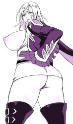 Rule 34 | 1girl, ass, belt, breasts, cowboy shot, frilled sleeves, frills, from behind, hands on own hips, huge breasts, jacket, juliet sleeves, long sleeves, looking at viewer, looking back, medium hair, monochrome, nipples, open clothes, open jacket, parted lips, puffy sleeves, purple theme, richard (tales), simple background, solo, tales of (series), tales of graces, thighhighs, usagi nagomu, white background