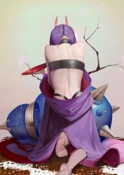 Rule 34 | 1girl, alcohol, back, bob cut, cherry blossoms, cup, fate/grand order, fate (series), from behind, highres, horns, japanese clothes, kimono, kneeling, oni, open clothes, open kimono, purple hair, purple kimono, rawtuna, revealing clothes, sakazuki, short hair, shuten douji (fate), skin-covered horns, solo, wine