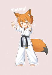Rule 34 | +++, 1girl, animal ear fluff, animal ears, barefoot, belt, black belt, bright pupils, chinese commentary, commentary request, double v, dougi, english text, fang, fox ears, fox girl, fox tail, full body, grey background, highres, kuma-bound, looking at viewer, martial arts belt, open mouth, orange eyes, original, pants, simple background, smile, solo, standing, tail, toes, v, white pants, white pupils