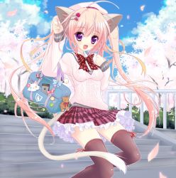 Rule 34 | 1girl, :d, ahoge, animal ears, bag, black thighhighs, carrying, cat ears, cherry blossoms, cloud, day, fang, hair ornament, hairclip, hat, long hair, open mouth, original, petals, pink hair, purple eyes, school bag, school uniform, shiwasu horio, shoulder bag, sky, smile, solo, stairs, thighhighs, twintails, very long hair, zettai ryouiki