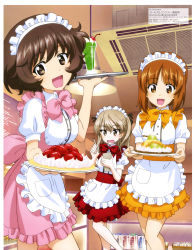 Rule 34 | 3girls, :d, absurdres, akiyama yukari, apron, brown eyes, brown hair, ceiling, ceiling light, cherry, cup, dress, food, frilled dress, frills, fruit, girls und panzer, highres, holding, holding food, holding notepad, holding pencil, holding tray, ice cream, ice cream float, indoors, maid, maid apron, maid headdress, mc axis, multiple girls, nishizumi miho, notepad, official art, open mouth, orange dress, pancake, pencil, pink dress, puffy sleeves, red dress, scan, shimada arisu, smile, standing, strawberry, tray, whipped cream, white apron