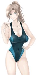 Rule 34 | 1girl, absurdres, bad id, bad pixiv id, bare shoulders, breasts, cleavage, covered navel, cowboy shot, fikatsia latrova, gluteal fold, green eyes, green kaminari, hair intakes, twirling hair, hand on own hip, high ponytail, highleg, highleg swimsuit, highres, huge breasts, lips, looking at viewer, muv-luv, muv-luv alternative, one-piece swimsuit, parted bangs, sidelocks, simple background, smile, solo, split bangs, swimsuit, white background
