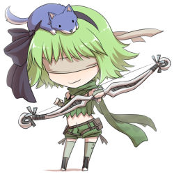 Rule 34 | 1girl, belt, black bow, black hairband, blindfold, bow, bow (weapon), bow hairband, bra strap, brown belt, camouflage scarf, chibi, closed mouth, commentary request, fingerless gloves, full body, gloves, green gloves, green hair, green scarf, green shorts, green thighhighs, green tube top, hairband, holding, holding bow (weapon), holding weapon, midriff, natsuya (kuttuki), navel, pouch, ragnarok online, ranger (ragnarok online), scarf, short hair, shorts, simple background, smile, solo, strapless, thighhighs, tube top, weapon, white background, wolf