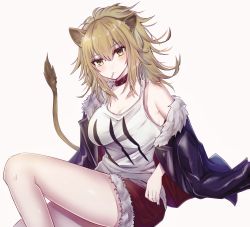 Rule 34 | 1girl, animal ears, arknights, bare shoulders, black choker, black jacket, blush, breasts, brown hair, choker, commentary request, feet out of frame, fur-trimmed shorts, fur trim, grey background, hair between eyes, highres, jacket, large breasts, lion ears, lion tail, long hair, looking at viewer, off shoulder, open clothes, open jacket, red shorts, ruchita, short shorts, shorts, siege (arknights), simple background, sitting, solo, tail, tail raised, tank top, thighs, white tank top, yellow eyes